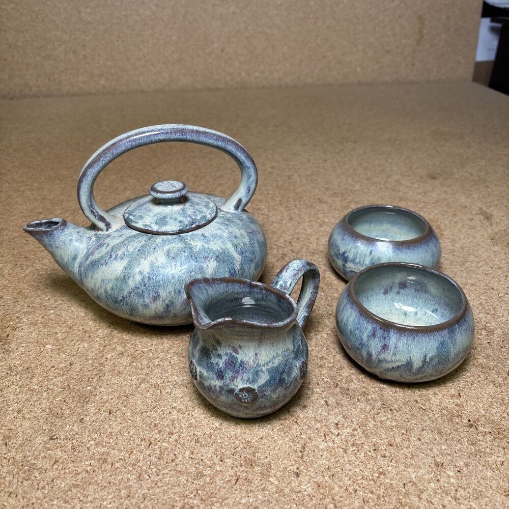 Handmade Pottery Tea Set Teapot, Creamer, 2 Cups Rustic Drip Glaze Ceramic Gift